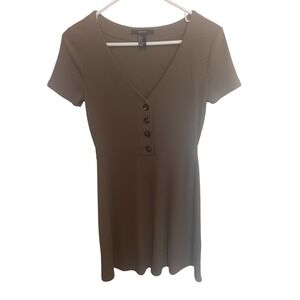 Forever 21 Olive Green Ribbed V-Neck Button Front Mini Dress Short Sleeve Small